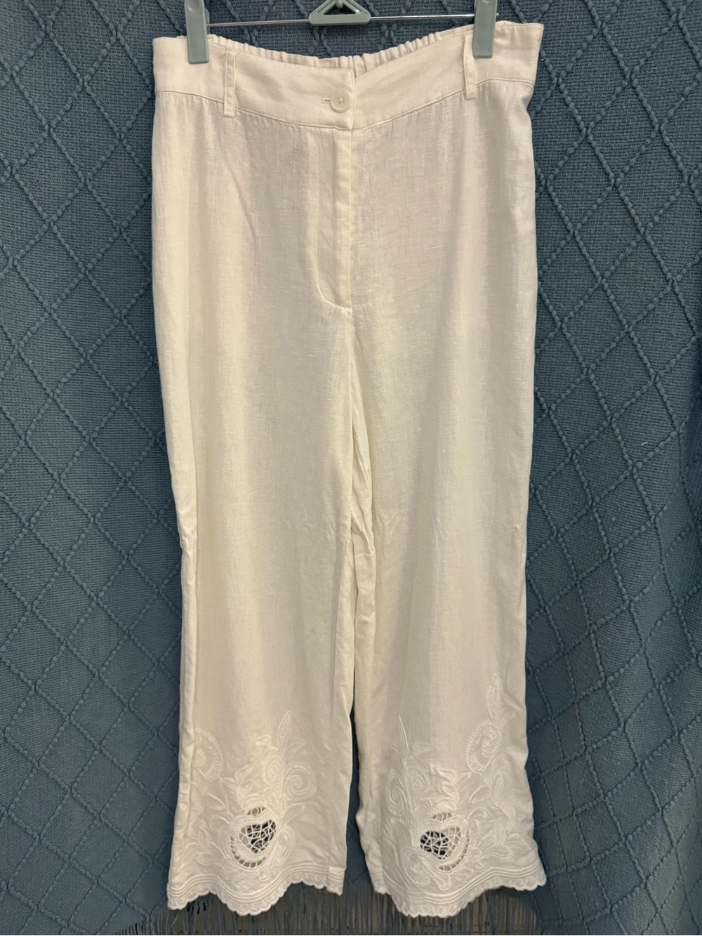 White Embroidered Linen Blend Wide-Leg Pants